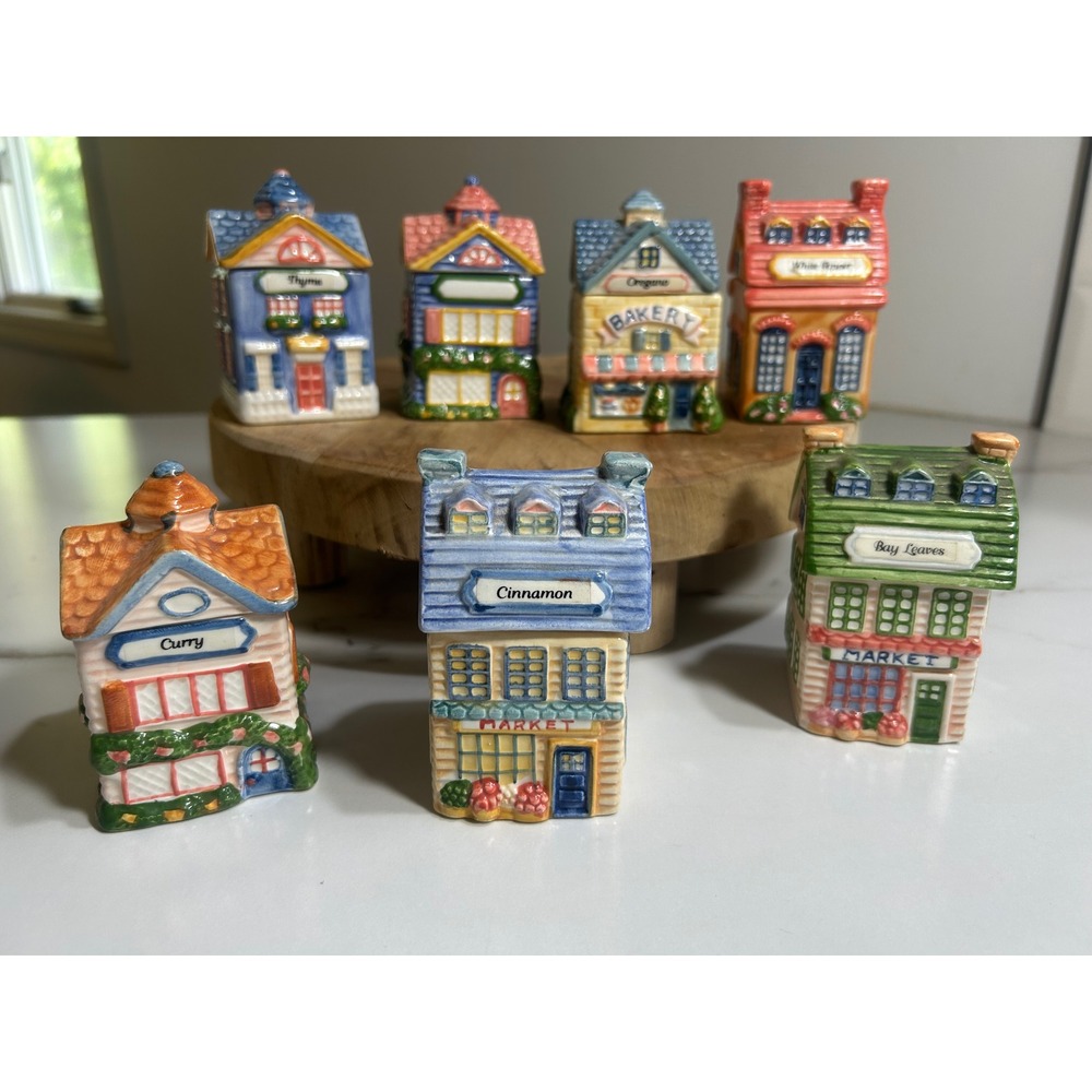 Vintage Avon Ceramic Spice Jar Set Village House Cottage Collection 7 Pieces